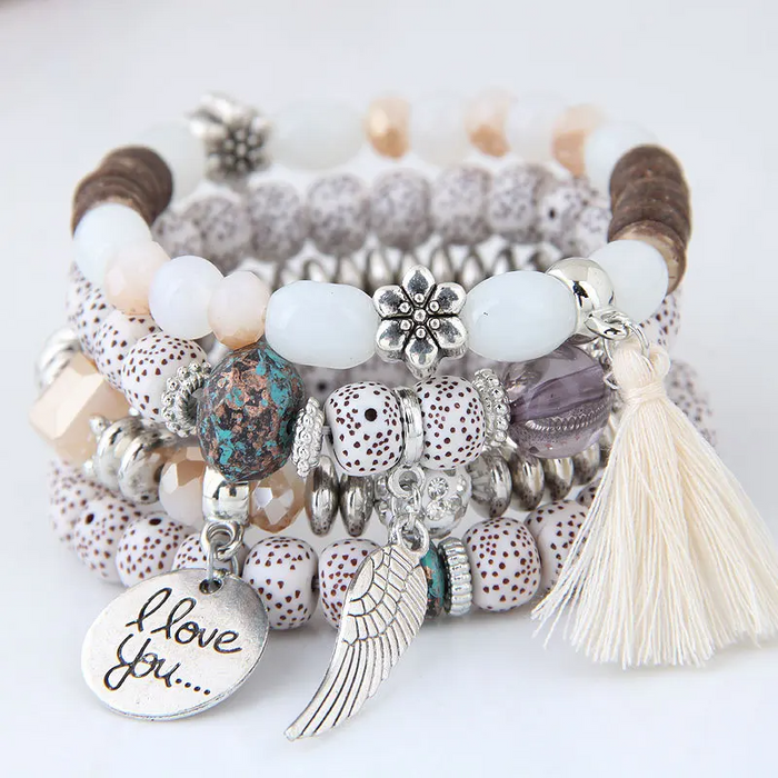 Bohemian Crystal Beads Bracelets Women Girls Elastic Tassel Wing Letters Rope Bracelet Pulseira Feminina